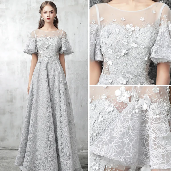 Modern / Fashion Grey Evening Dresses 2017 A-Line / Princess Scoop Neck 1/2 Sleeves Appliques Flower Rhinestone Beading Court Train Ruffle Pierced Backless Formal Dresses