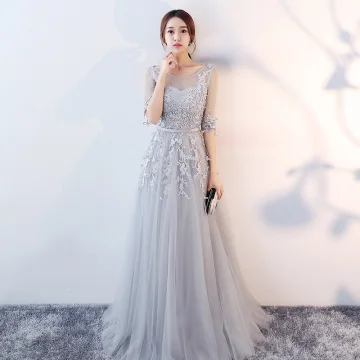 Elegant Grey Evening Dresses 2017 A Line Princess Scoop Neck 1 2 Sleeves Appliques Lace Sash Floor Length Long Ruffle Pierced Backless Formal Dresses
