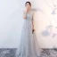 Elegant Grey Evening Dresses  2017 A-Line / Princess Scoop Neck 1/2 Sleeves Appliques Lace Sash Floor-Length / Long Ruffle Pierced Backless Formal Dresses