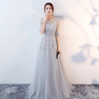 Elegant Grey Evening Dresses 2017 A Line Princess Scoop Neck 1 2 Sleeves Appliques Lace Sash Floor Length Long Ruffle Pierced Backless Formal Dresses