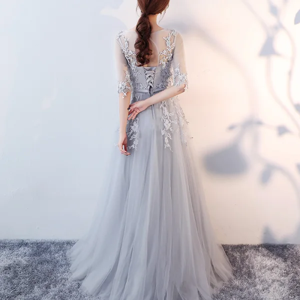 Elegant Grey Evening Dresses  2017 A-Line / Princess Scoop Neck 1/2 Sleeves Appliques Lace Sash Floor-Length / Long Ruffle Pierced Backless Formal Dresses
