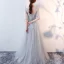 Elegant Grey Evening Dresses  2017 A-Line / Princess Scoop Neck 1/2 Sleeves Appliques Lace Sash Floor-Length / Long Ruffle Pierced Backless Formal Dresses