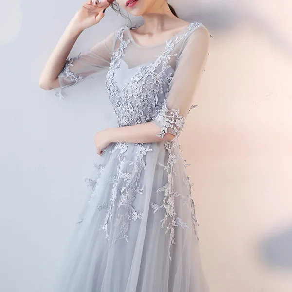 Elegant Grey Evening Dresses  2017 A-Line / Princess Scoop Neck 1/2 Sleeves Appliques Lace Sash Floor-Length / Long Ruffle Pierced Backless Formal Dresses