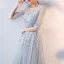 Elegant Grey Evening Dresses  2017 A-Line / Princess Scoop Neck 1/2 Sleeves Appliques Lace Sash Floor-Length / Long Ruffle Pierced Backless Formal Dresses