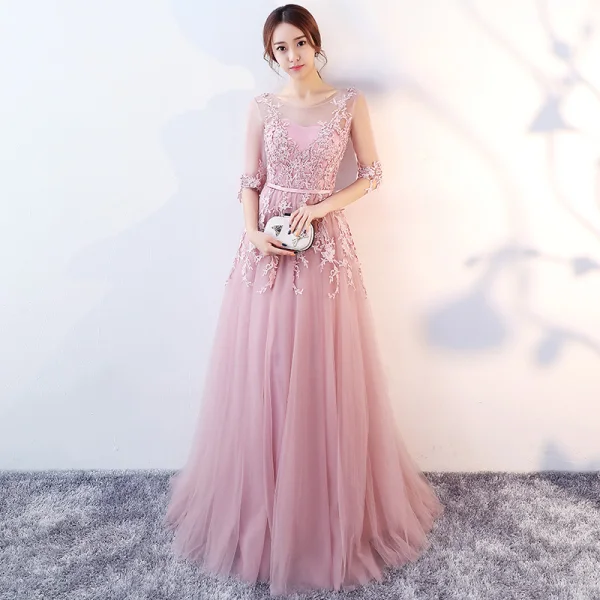 Elegant Grey Evening Dresses  2017 A-Line / Princess Scoop Neck 1/2 Sleeves Appliques Lace Sash Floor-Length / Long Ruffle Pierced Backless Formal Dresses