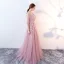 Elegant Grey Evening Dresses  2017 A-Line / Princess Scoop Neck 1/2 Sleeves Appliques Lace Sash Floor-Length / Long Ruffle Pierced Backless Formal Dresses