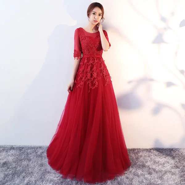 Elegant Grey Evening Dresses  2017 A-Line / Princess Scoop Neck 1/2 Sleeves Appliques Lace Sash Floor-Length / Long Ruffle Pierced Backless Formal Dresses