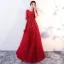 Elegant Grey Evening Dresses  2017 A-Line / Princess Scoop Neck 1/2 Sleeves Appliques Lace Sash Floor-Length / Long Ruffle Pierced Backless Formal Dresses