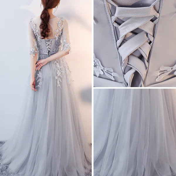 Elegant Grey Evening Dresses  2017 A-Line / Princess Scoop Neck 1/2 Sleeves Appliques Lace Sash Floor-Length / Long Ruffle Pierced Backless Formal Dresses