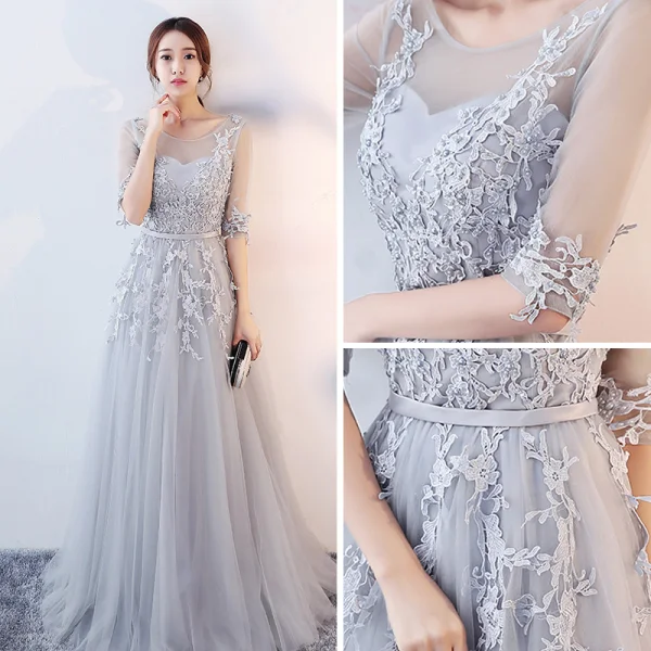 Elegant Grey Evening Dresses  2017 A-Line / Princess Scoop Neck 1/2 Sleeves Appliques Lace Sash Floor-Length / Long Ruffle Pierced Backless Formal Dresses