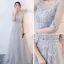 Elegant Grey Evening Dresses  2017 A-Line / Princess Scoop Neck 1/2 Sleeves Appliques Lace Sash Floor-Length / Long Ruffle Pierced Backless Formal Dresses
