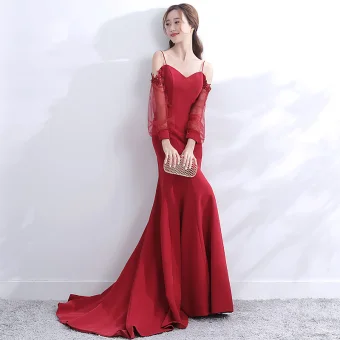 Modern Rode Avondjurken 2017 Trompet Zeemeermin Spaghettibandjes Doorboord Lange Mouwen Strapless Appliques Kant Parel Rechter Trein Ruche Ruglooze Gelegenheid Jurken