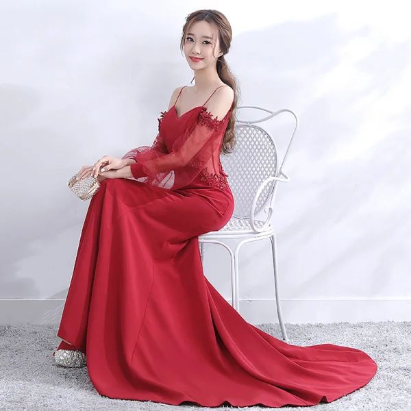 Modern / Fashion Red Evening Dresses 2017 Trumpet / Mermaid Spaghetti Straps Pierced Long Sleeve Strapless Appliques Lace Pearl Court Train Ruffle Backless Formal Dresses