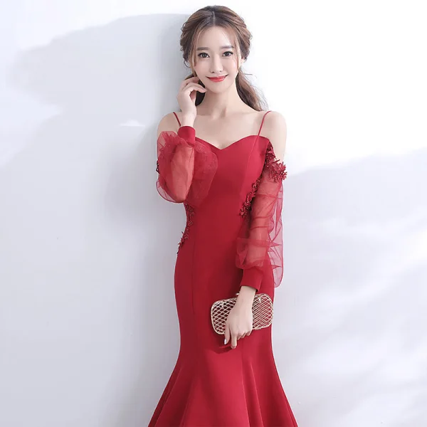 Modern / Fashion Red Evening Dresses 2017 Trumpet / Mermaid Spaghetti Straps Pierced Long Sleeve Strapless Appliques Lace Pearl Court Train Ruffle Backless Formal Dresses