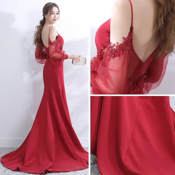 Modern / Fashion Red Evening Dresses 2017 Trumpet / Mermaid Spaghetti Straps Pierced Long Sleeve Strapless Appliques Lace Pearl Court Train Ruffle Backless Formal Dresses