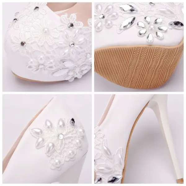 Sexy White Pearl Rhinestone Lace Flower Wedding Shoes 2023 14 cm Stiletto Heels Round Toe Wedding Pumps High Heels