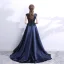 Chic / Belle Bleu Marine Robe De Soirée 2017 Princesse V-Cou Sans Manches Appliques Faux Diamant Train De Balayage Volants Percé Dos Nu Robe De Ceremonie
