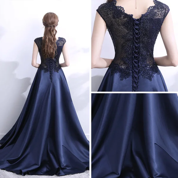 Chic / Belle Bleu Marine Robe De Soirée 2017 Princesse V-Cou Sans Manches Appliques Faux Diamant Train De Balayage Volants Percé Dos Nu Robe De Ceremonie