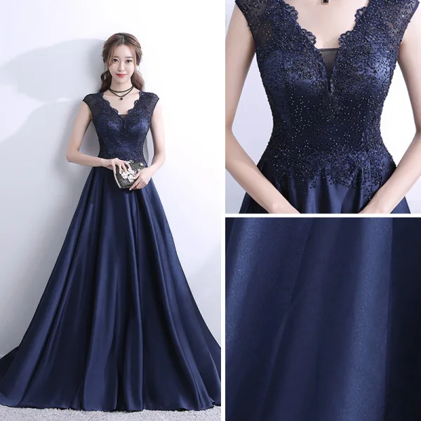 Chic / Belle Bleu Marine Robe De Soirée 2017 Princesse V-Cou Sans Manches Appliques Faux Diamant Train De Balayage Volants Percé Dos Nu Robe De Ceremonie