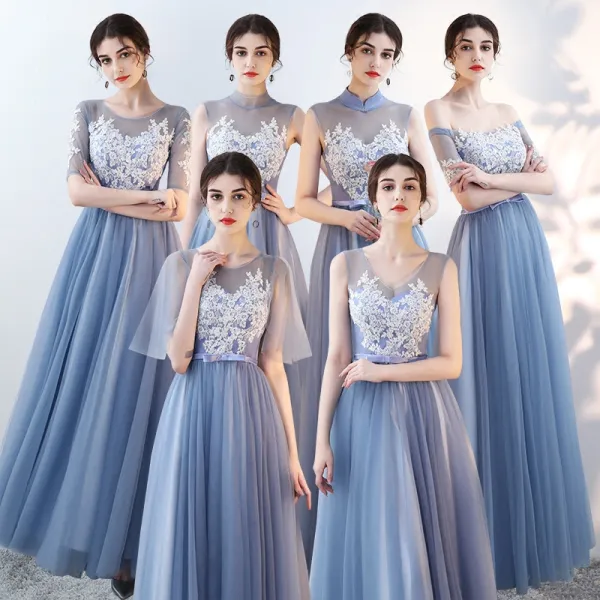 Asequible Azul Cielo Transparentes Vestidos De Damas De Honor 2018 A-Line / Princess Apliques Con Encaje Bowknot Cinturón Largos Ruffle Sin Espalda Vestidos para bodas