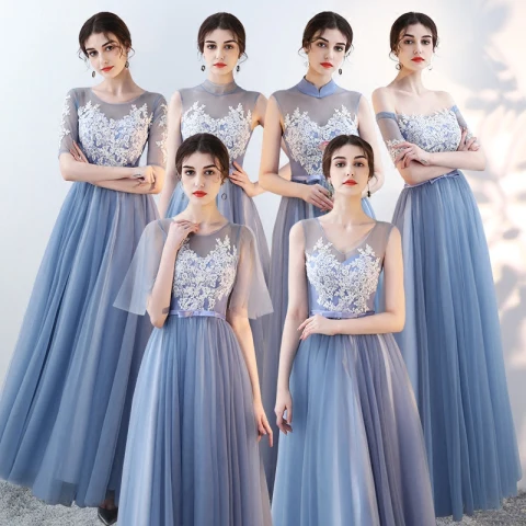 Affordable Sky Blue See-through Bridesmaid Dresses 2018 A-Line / Princess Appliques Lace Bow Sash Floor-Length / Long Ruffle Backless Wedding Party Dresses