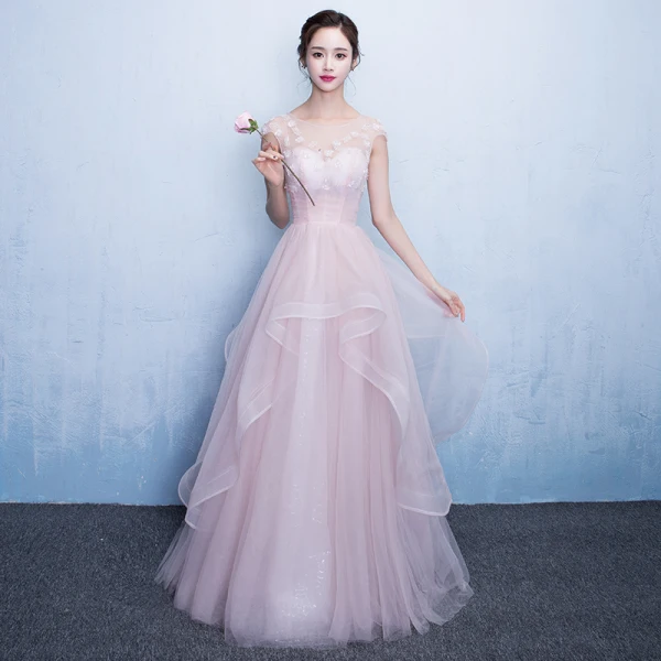 Chic / Beautiful Hall Party Dresses Formal Dresses Graduation Dresses 2017 Sequins Lace Appliques Scoop Neck Short Sleeve Court Train Pearl Pink A-Line / Princess