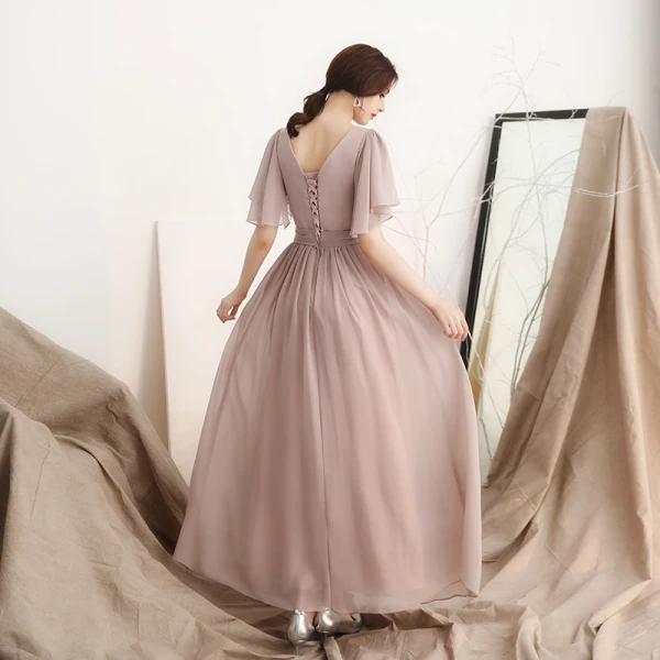 Simple Rougissant Rose Chiffon Robe De Soirée 2018 Princesse V-Cou Manches Courtes Ceinture Longueur Cheville Volants Dos Nu Robe De Ceremonie