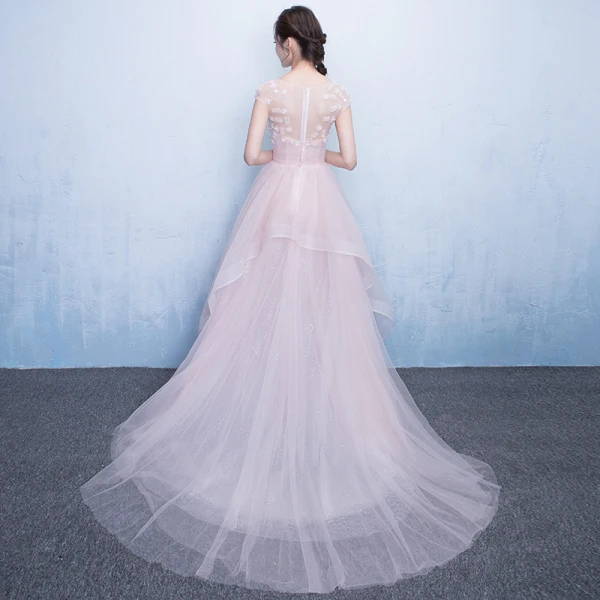 Chic / Beautiful Hall Party Dresses Formal Dresses Graduation Dresses 2017 Sequins Lace Appliques Scoop Neck Short Sleeve Court Train Pearl Pink A-Line / Princess
