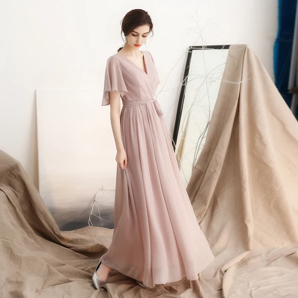 Simple Rougissant Rose Chiffon Robe De Soirée 2018 Princesse V-Cou Manches Courtes Ceinture Longueur Cheville Volants Dos Nu Robe De Ceremonie