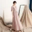 Simple Rougissant Rose Chiffon Robe De Soirée 2018 Princesse V-Cou Manches Courtes Ceinture Longueur Cheville Volants Dos Nu Robe De Ceremonie