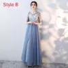 Affordable Sky Blue See-through Bridesmaid Dresses 2018 A-Line / Princess Appliques Lace Bow Sash Floor-Length / Long Ruffle Backless Wedding Party Dresses