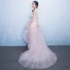 Chic / Beautiful Hall Party Dresses Formal Dresses Graduation Dresses 2017 Sequins Lace Appliques Scoop Neck Short Sleeve Court Train Pearl Pink A-Line / Princess