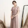 Modest / Simple Blushing Pink Chiffon Evening Dresses  2018 A-Line / Princess V-Neck Short Sleeve Sash Ankle Length Ruffle Backless Formal Dresses