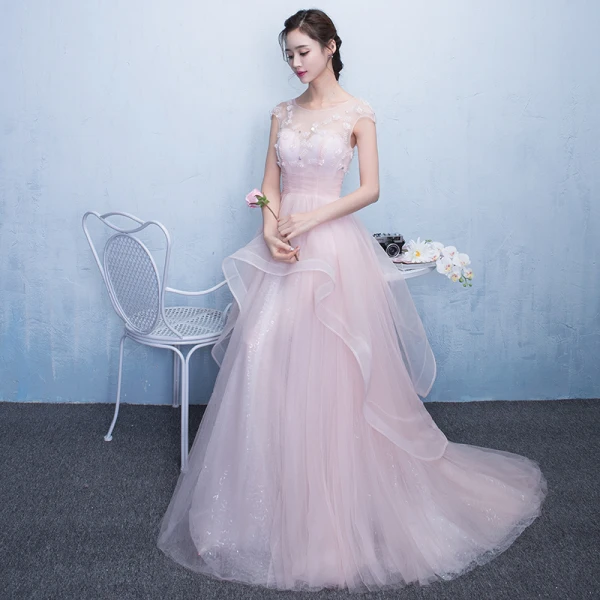 Chic / Beautiful Hall Party Dresses Formal Dresses Graduation Dresses 2017 Sequins Lace Appliques Scoop Neck Short Sleeve Court Train Pearl Pink A-Line / Princess