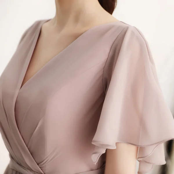 Simple Rougissant Rose Chiffon Robe De Soirée 2018 Princesse V-Cou Manches Courtes Ceinture Longueur Cheville Volants Dos Nu Robe De Ceremonie