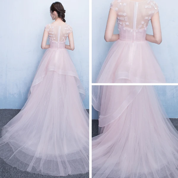 Chic / Beautiful Hall Party Dresses Formal Dresses Graduation Dresses 2017 Sequins Lace Appliques Scoop Neck Short Sleeve Court Train Pearl Pink A-Line / Princess