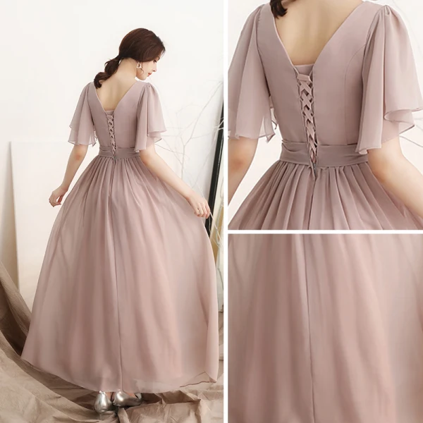 Simple Rougissant Rose Chiffon Robe De Soirée 2018 Princesse V-Cou Manches Courtes Ceinture Longueur Cheville Volants Dos Nu Robe De Ceremonie