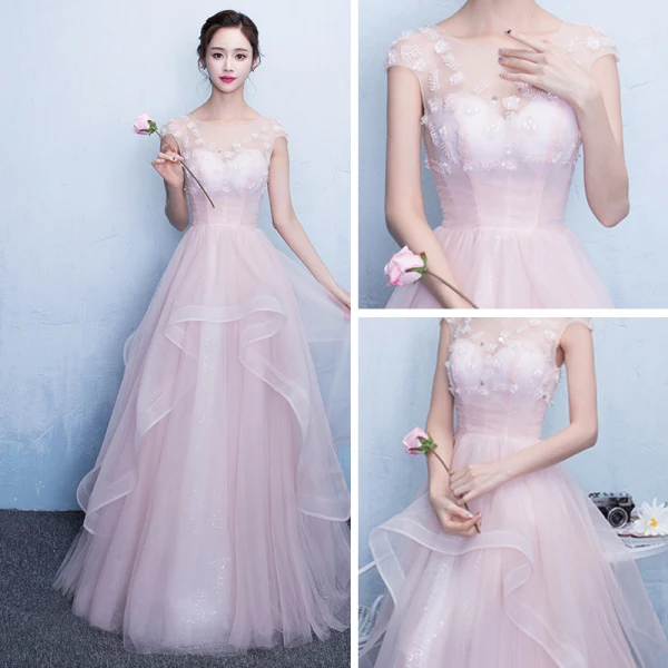 Chic / Beautiful Hall Party Dresses Formal Dresses Graduation Dresses 2017 Sequins Lace Appliques Scoop Neck Short Sleeve Court Train Pearl Pink A-Line / Princess