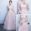 Chic / Beautiful Hall Party Dresses Formal Dresses Graduation Dresses 2017 Sequins Lace Appliques Scoop Neck Short Sleeve Court Train Pearl Pink A-Line / Princess