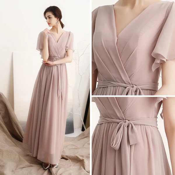 Simple Rougissant Rose Chiffon Robe De Soirée 2018 Princesse V-Cou Manches Courtes Ceinture Longueur Cheville Volants Dos Nu Robe De Ceremonie