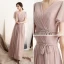 Simple Rougissant Rose Chiffon Robe De Soirée 2018 Princesse V-Cou Manches Courtes Ceinture Longueur Cheville Volants Dos Nu Robe De Ceremonie