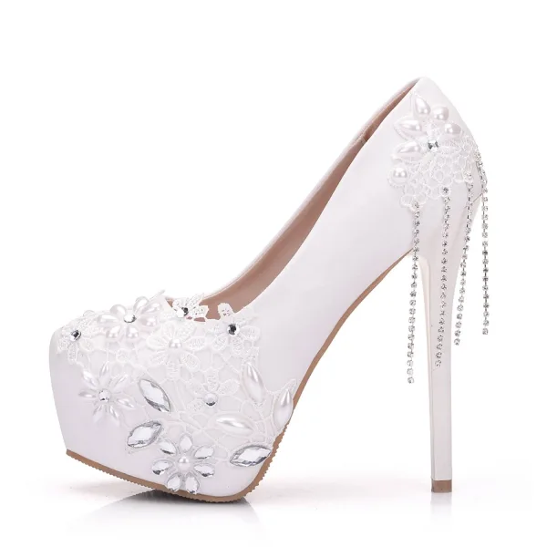 Stunning White Pearl Rhinestone Lace Flower Wedding Shoes 2022 14 cm Stiletto Heels Round Toe Wedding Pumps High Heels