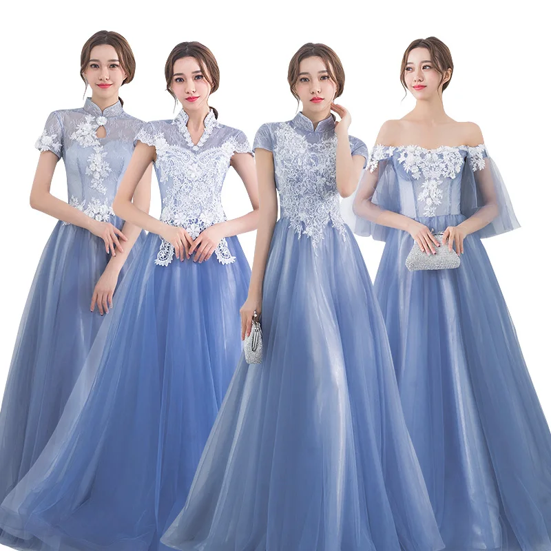 Chic Beautiful Sky Blue Bridesmaid Dresses 2017 A Line Princess High Neck  Short Sleeve Appliques Lace Floor Length Long Backless Wedding Party Dresses