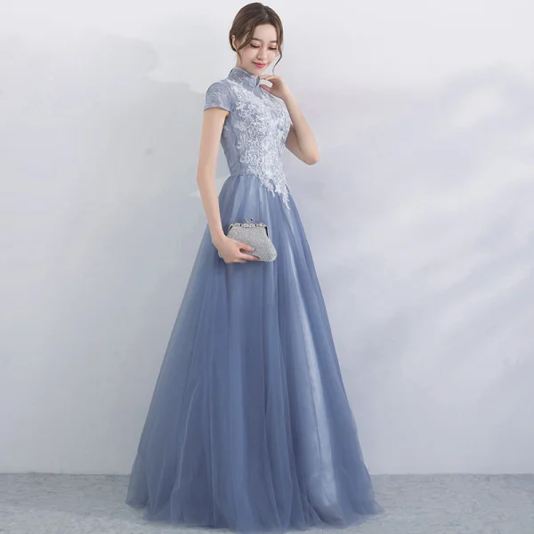 Chic / Beautiful Sky Blue Bridesmaid Dresses 2017 A-Line / Princess High Neck Short Sleeve Appliques Lace Floor-Length / Long Backless Wedding Party Dresses