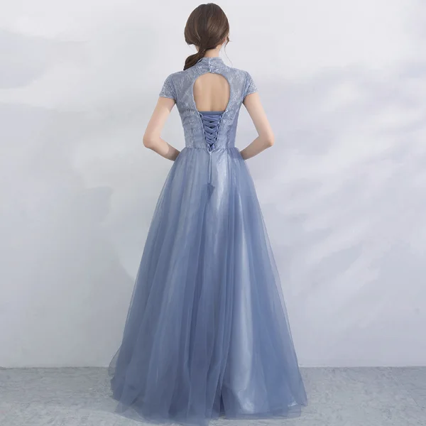 Chic / Beautiful Sky Blue Bridesmaid Dresses 2017 A-Line / Princess High Neck Short Sleeve Appliques Lace Floor-Length / Long Backless Wedding Party Dresses