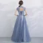 Chic / Beautiful Sky Blue Bridesmaid Dresses 2017 A-Line / Princess High Neck Short Sleeve Appliques Lace Floor-Length / Long Backless Wedding Party Dresses