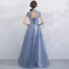 Chic / Beautiful Sky Blue Bridesmaid Dresses 2017 A-Line / Princess High Neck Short Sleeve Appliques Lace Floor-Length / Long Backless Wedding Party Dresses