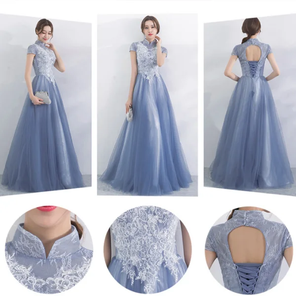 Chic / Beautiful Sky Blue Bridesmaid Dresses 2017 A-Line / Princess High Neck Short Sleeve Appliques Lace Floor-Length / Long Backless Wedding Party Dresses