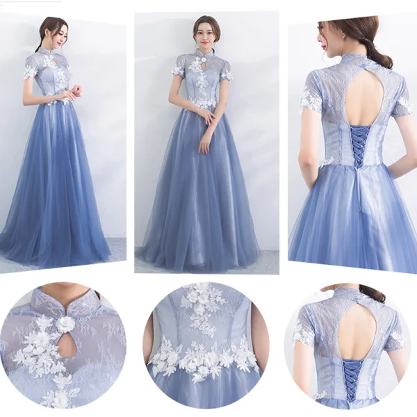 Chic / Beautiful Sky Blue Bridesmaid Dresses 2017 A-Line / Princess High Neck Short Sleeve Appliques Lace Floor-Length / Long Backless Wedding Party Dresses