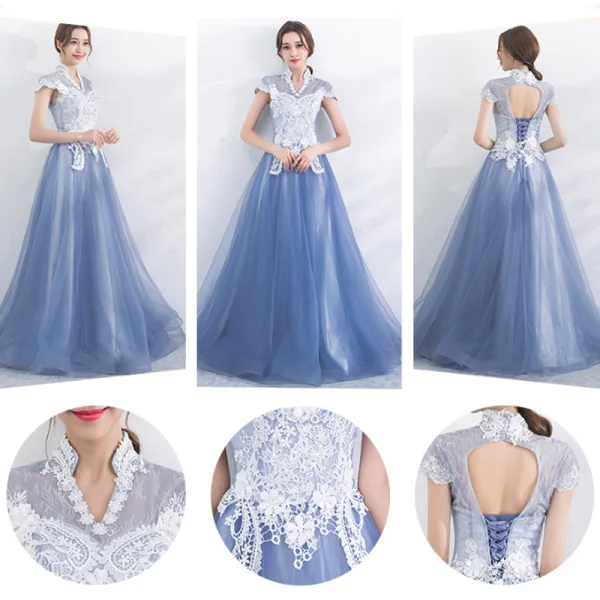 Chic / Beautiful Sky Blue Bridesmaid Dresses 2017 A-Line / Princess High Neck Short Sleeve Appliques Lace Floor-Length / Long Backless Wedding Party Dresses
